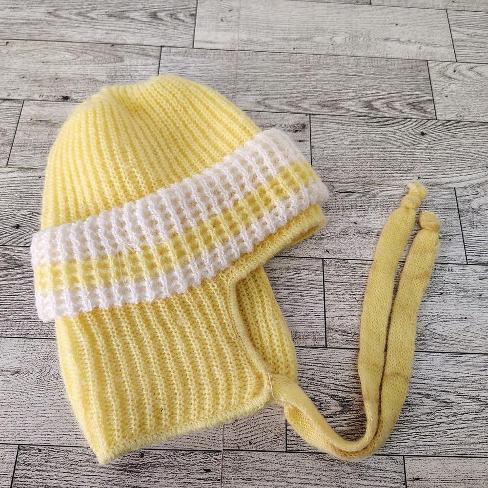Vintage Knit Winter DOLL Hat Yellow White Ear Flap Ties Handmade Cute - For DOLL